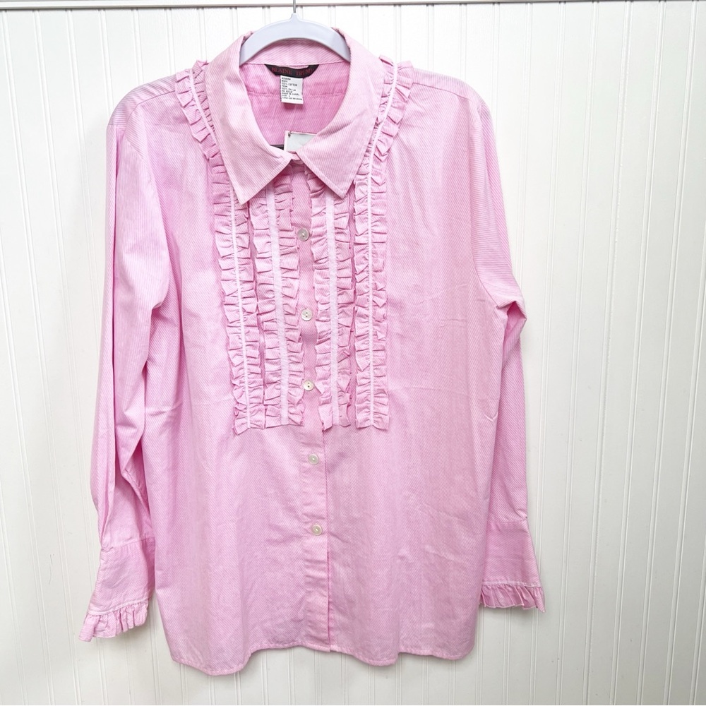 Blaine Trump Pink Pinstripe Ruffle Trim Long Sleeve Button Up Top Size Large NEW
